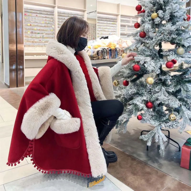 

Fashion New Year Happy Red Thicken Wool Faux Fur Cape Coat Hooded Pockets Cute Tassels Women Winter Outerwear Party Cloak Girls