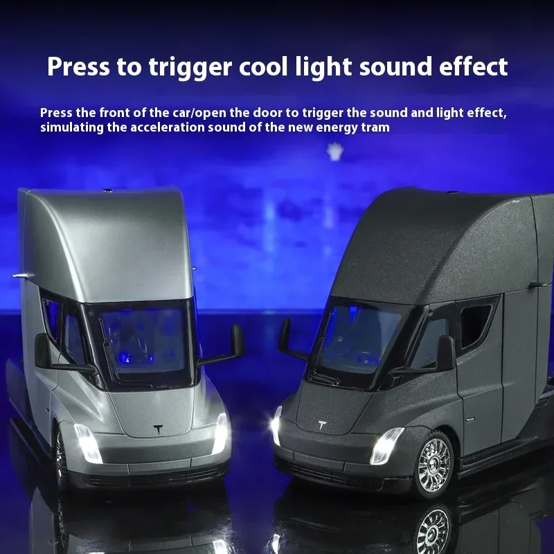 새로운 1:24 테슬라 세미 트럭 트레일러 트럭 트레일러 모델 금속 합금 다이캐스트 사운드 & 라이트 컬렉션 자동차 모델 장난감 선물 (남아용)