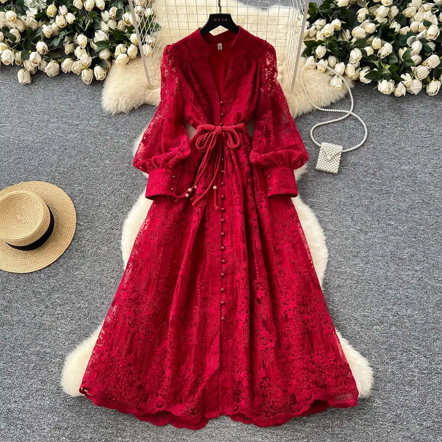 Luxury Embroidery Women Dress Lantern Long Sleeve Lace Vestidos Pearl Prom Female Evening Birthday Party Dresses