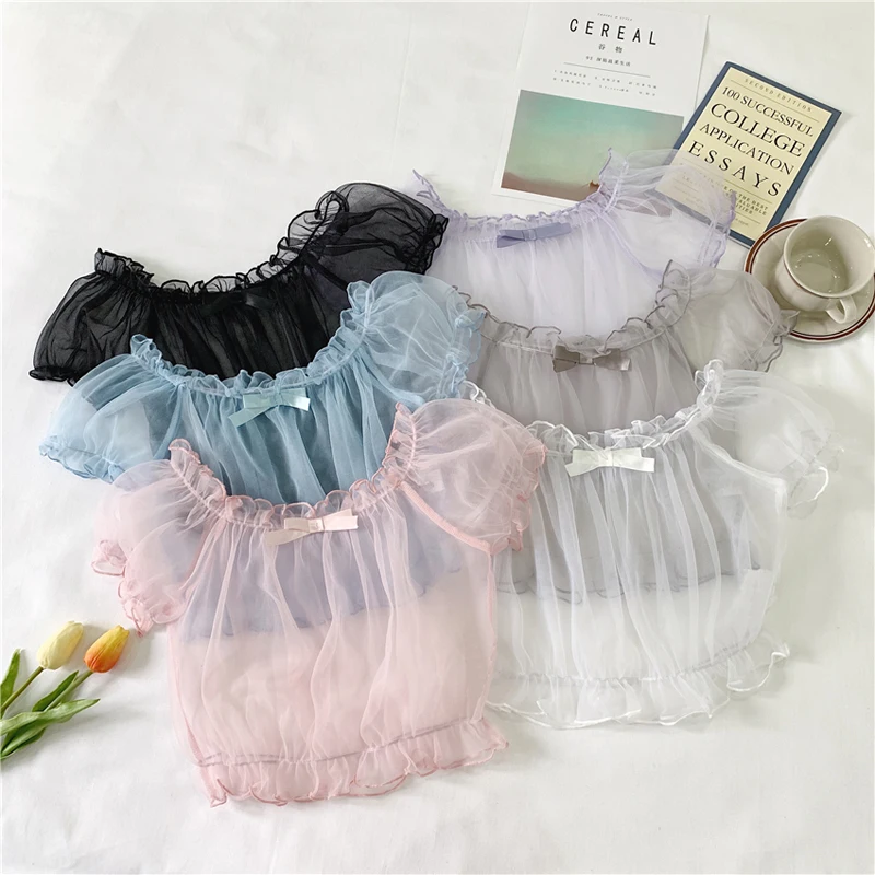 Summer Mesh Short Sleeve Lolita Tops Women Sweet Transparent Kawaii Princess Bow Shirt  Mori Girl Fairy Sheer Thin Bottom Blouse