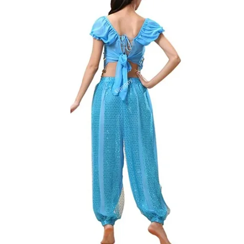 Imagen 2 del producto Conjunto de traje de danza del vientre para mujer, Tops de lentejuelas con pantalones Harem, Top corto, pantalones Harem, traje de baile árabe de Halloween