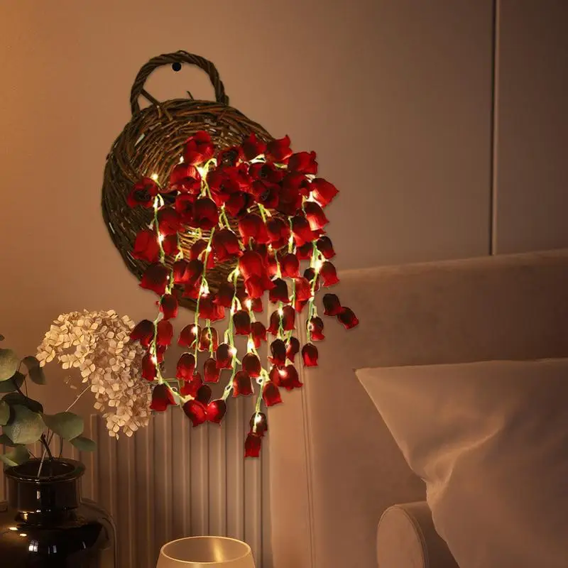 Lily of the Valley 랜턴 바구니, LED 베란다 시뮬레이션 꽃 야간 조명, 가짜 붉은 백합, 인공 폭포, 10PCs