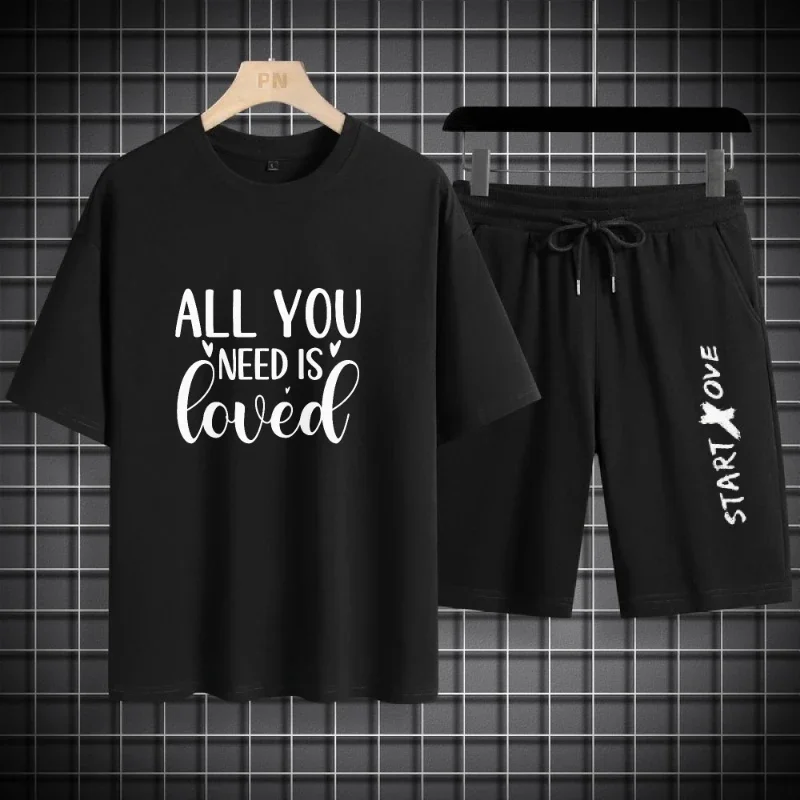 

New Summer Men's Outdoor Sportswear Casual T-shirt + Fashion High-quality High-quality Printed Short Sleeve Shorts Two-piece Set