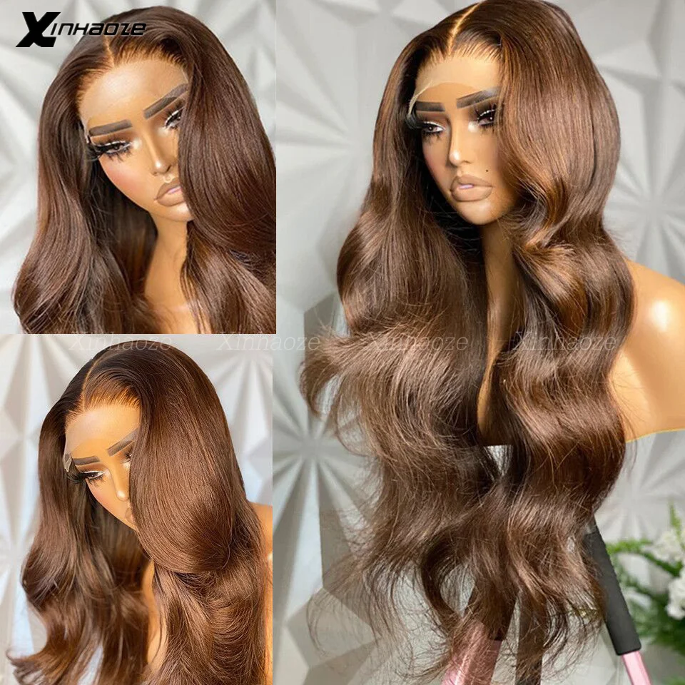 Chocolate Brown Human Hair Wigs Brazilian Body Wave 360 Lace Frontal Wigs For Black Women #4 Colored Dark Brown Silk Top Wigs