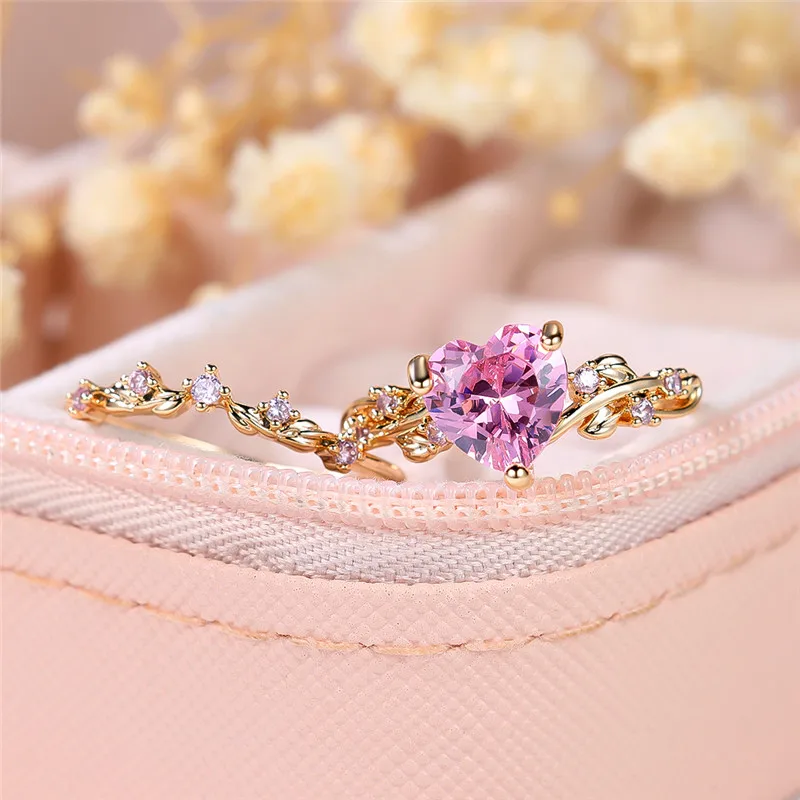 Luxury Female Crystal Pink Zircon Stone Heart Engagement Ring Set Cute Yellow Gold Color Wedding Jewelry For Women