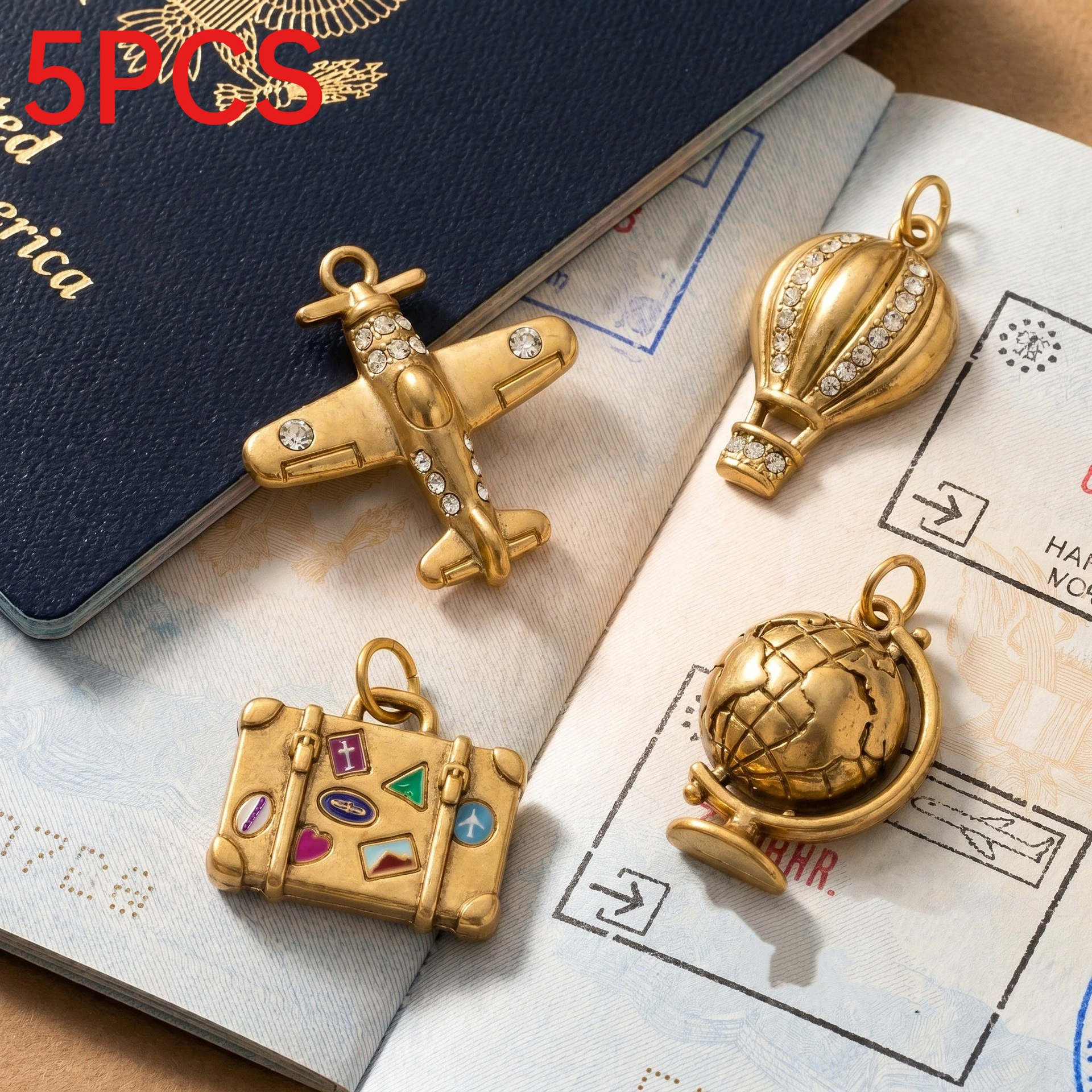 5Pcs Stainless Steel Travel Charms Plane Suitcase Pendants DIY Necklace Jewelry Making Accessories