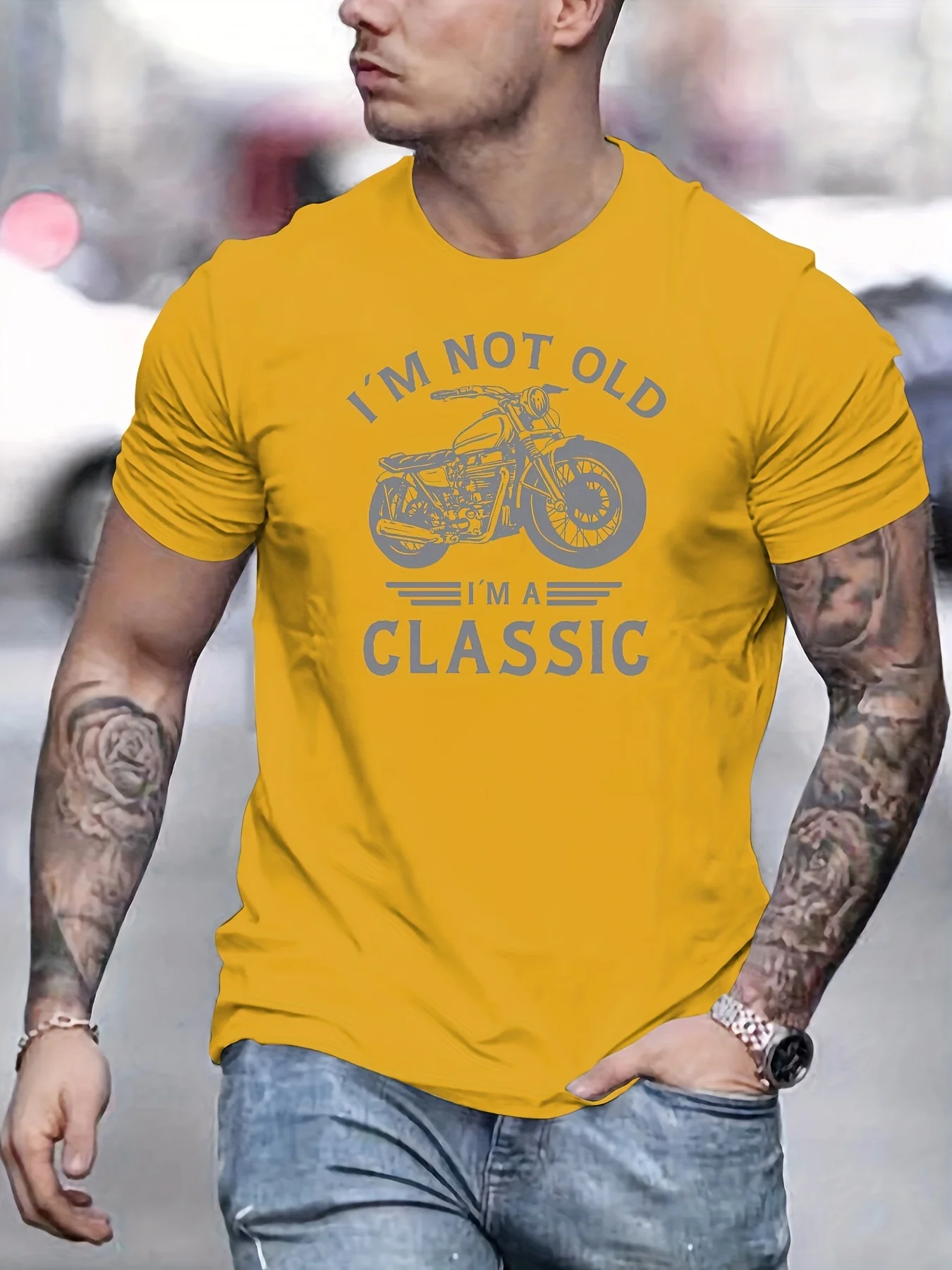 Motorrad-T-Shirt für Herren, gelb, Baumwolle, lässig, Vintage, Retro, cool, Hipster, Grungy, Streetwear-Stil