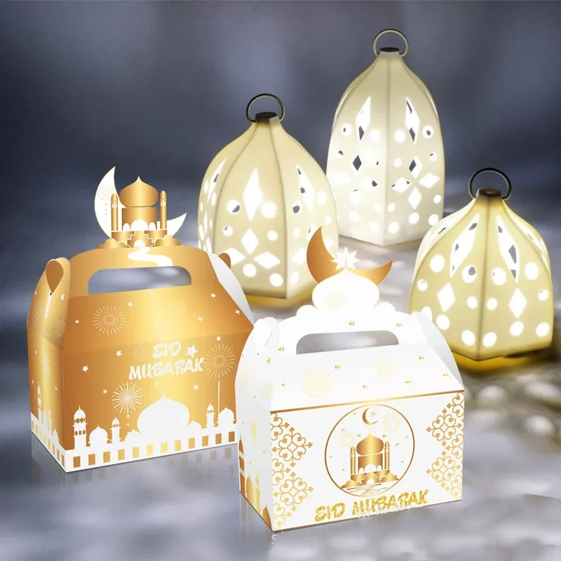 

Paper Gift Box with Handle Foldable Food Packing Box Paper Candy Boxes Cake Boxes and Packaging Eid Mubarak Gift for Guests
