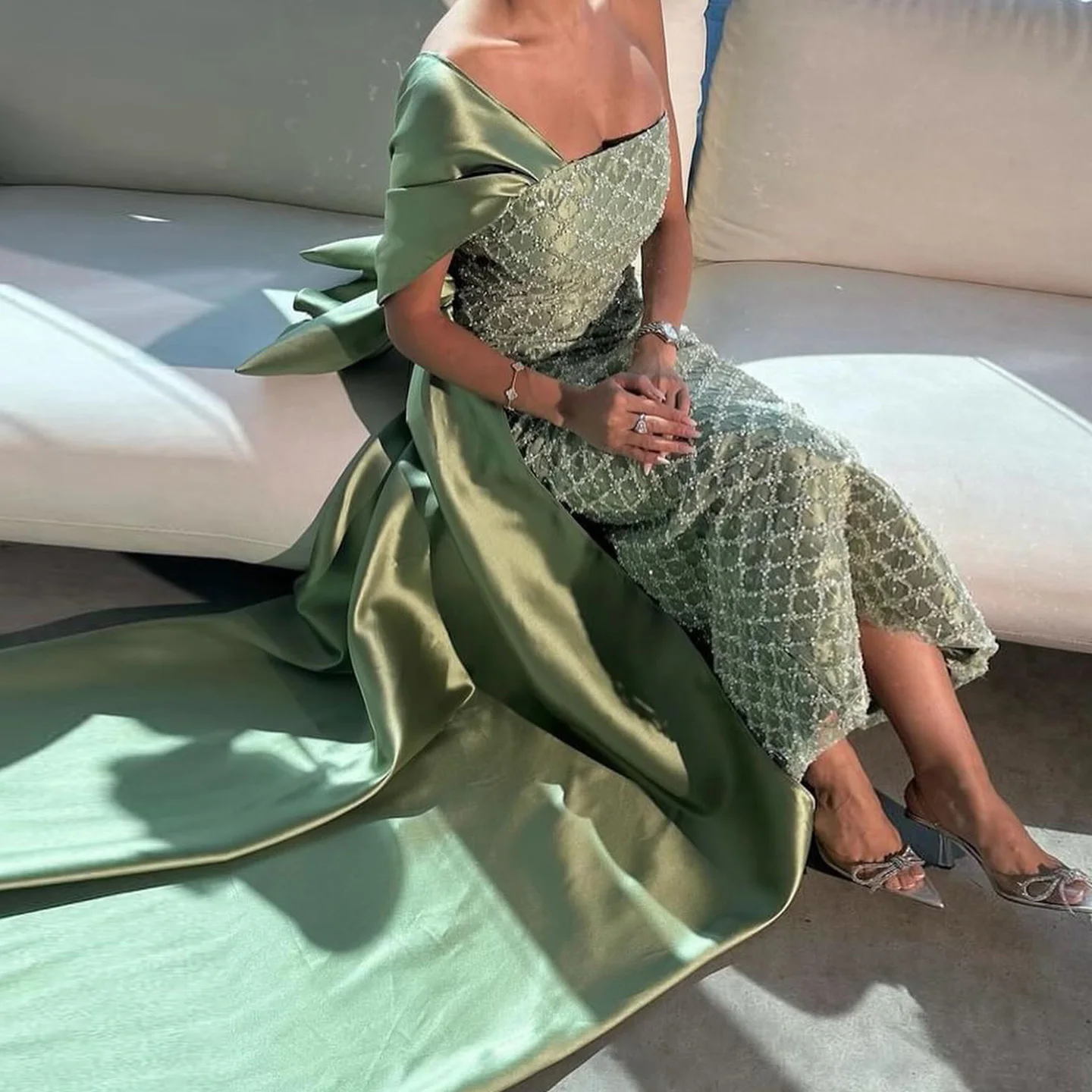 

Sharon Said Arabic Sage Green One Shoulder Evening Dress with Cape Luxury Beading Dubai Wedding Party Gowns SS626 Customized
