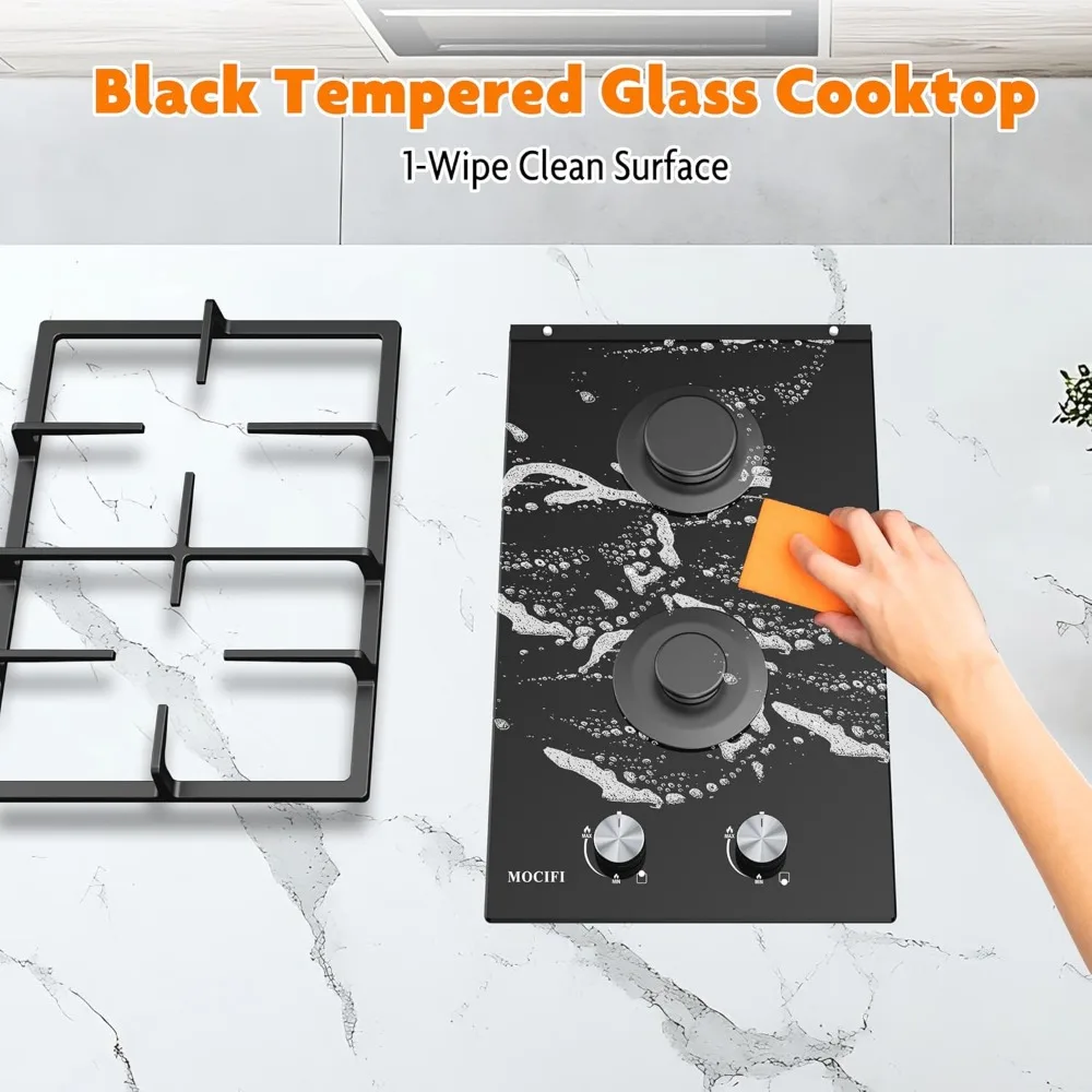 Estufa de gas de 2 quemadores, estufa de combustible doble de propano/GPL/NG integrada de 12 pulgadas, placa de vidrio templado negro con protección de termopar y A