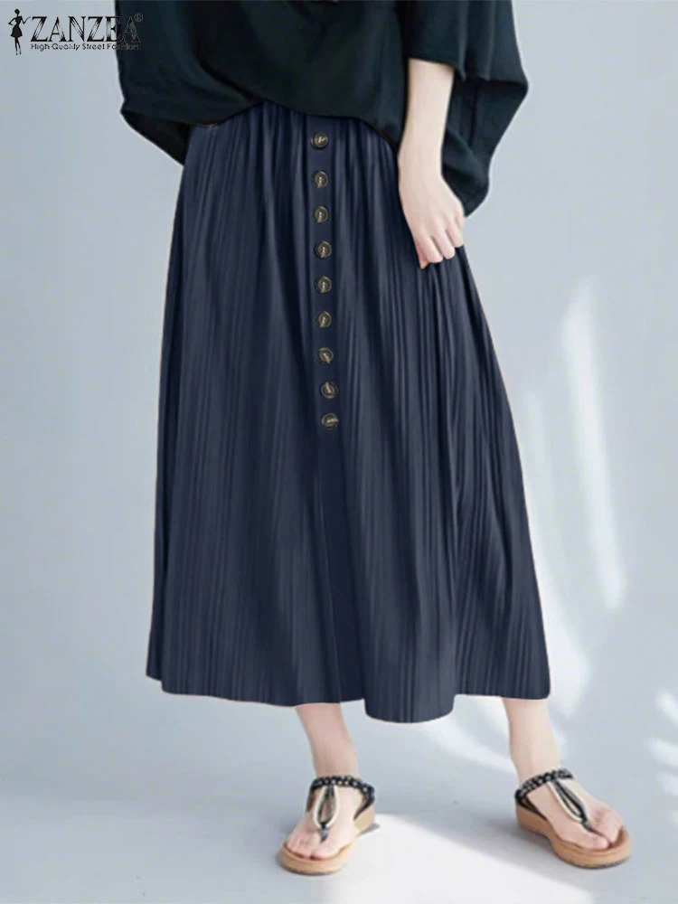 

ZANZEA Women Solid Skirts Summer Pleated Overskirts 2025 Elastic Waist Casual A-Line Buttons Mid-Calf Bottms Oversized