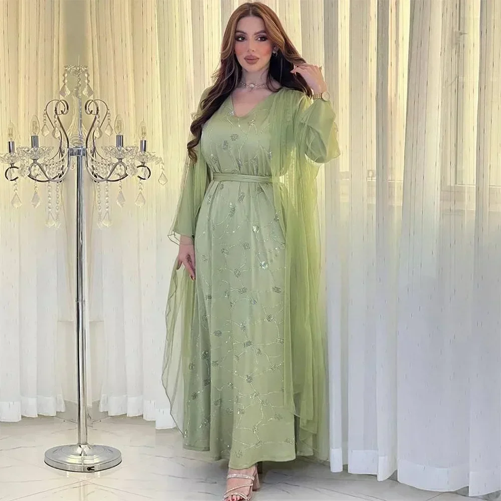 Mesh Yarn Diamonds Evening Dress with Belt Eid Muslim Women Abaya V-neck Party Gown Fashion Kaftan Islam Arab Clothing Fake 2pcs