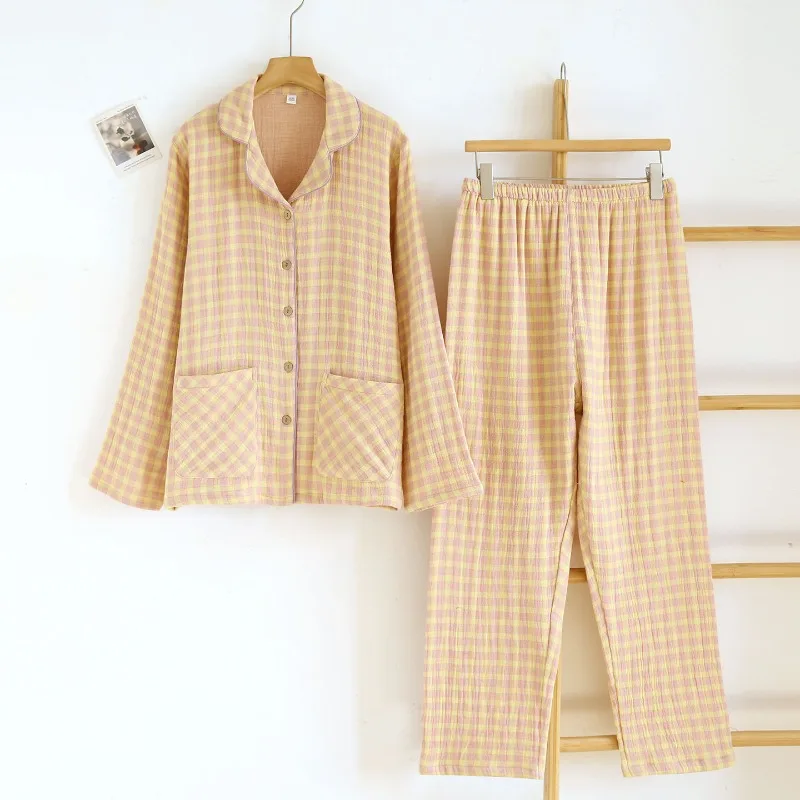 2026 New Couple Spring And Autumn Pajama Set 100% Cotton Men's And Women's Long Sleeve Home Clothes Simple Checkered Set
