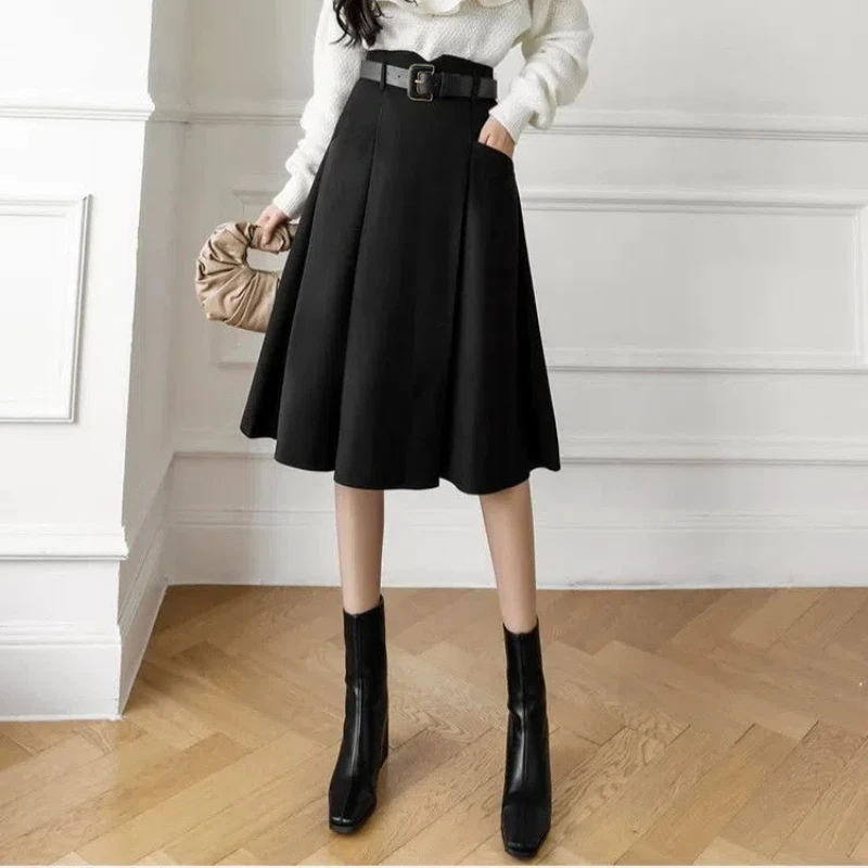 Simplicity Office Lady Autumn New Women\'s Elastic High Waist Solid Pocket Plaid Korean Fashion Sweet Slim Mid-leng A-line Skirt