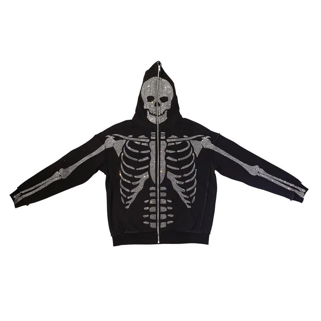 New Man And Women Full Zip Up Hoodies Custom Zipper Rhinestone Full Zip Up Hoodie Bling Rhinestone Skeleton Skull Zip Up Hoodie