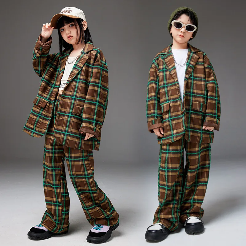 

Casual Children's Hit Color Plaid Blazer Suit For Teen Boy Girl V-Neck Oversized Jacket Loose Pants Kids Hip Hop Outfits Clothes