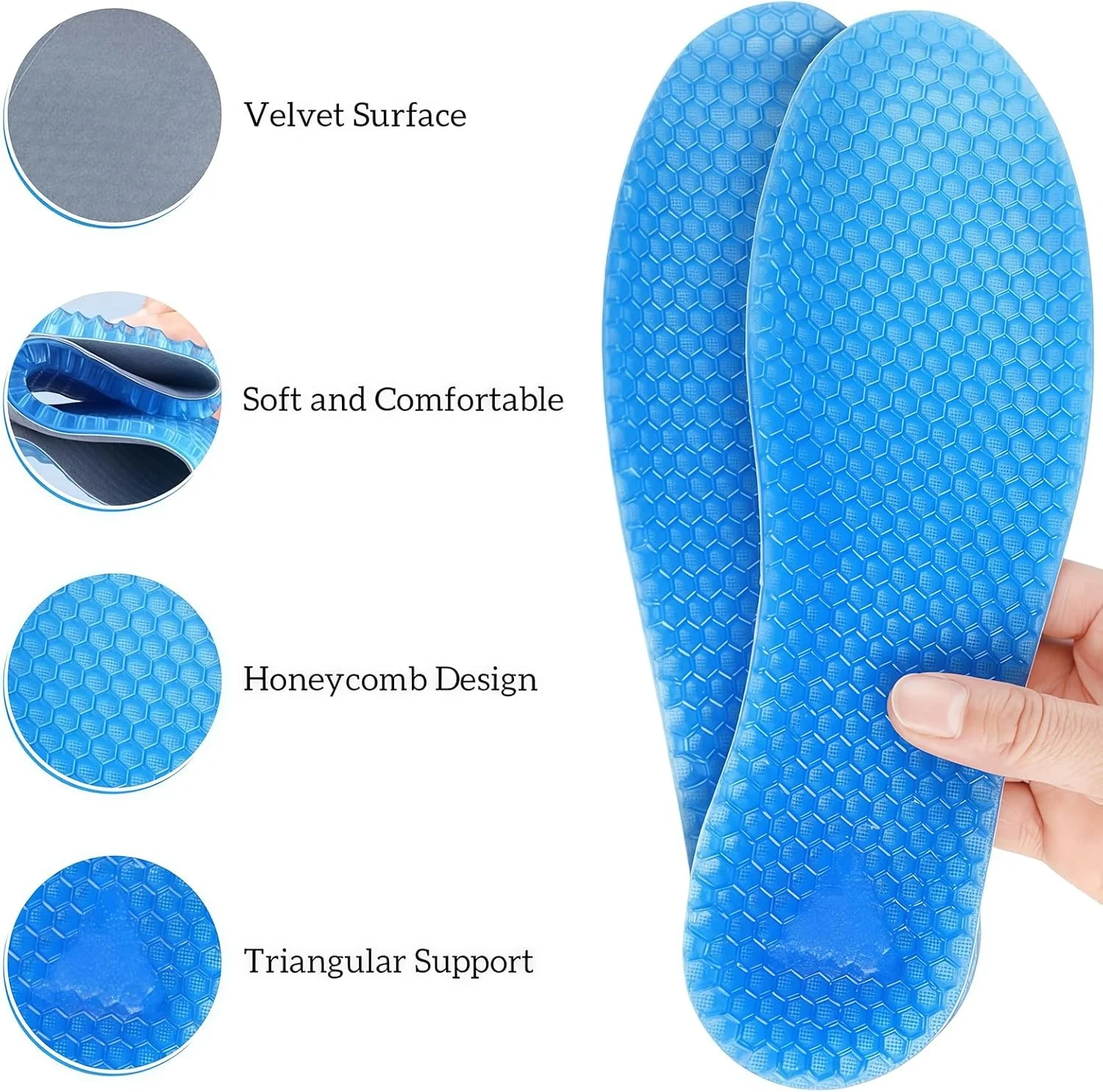 Honeycomb Silicone Shoe Insoles, Super Soft Shock Absorption Inserts, Breathable Velvet Surface Cushion Insoles for Men Women