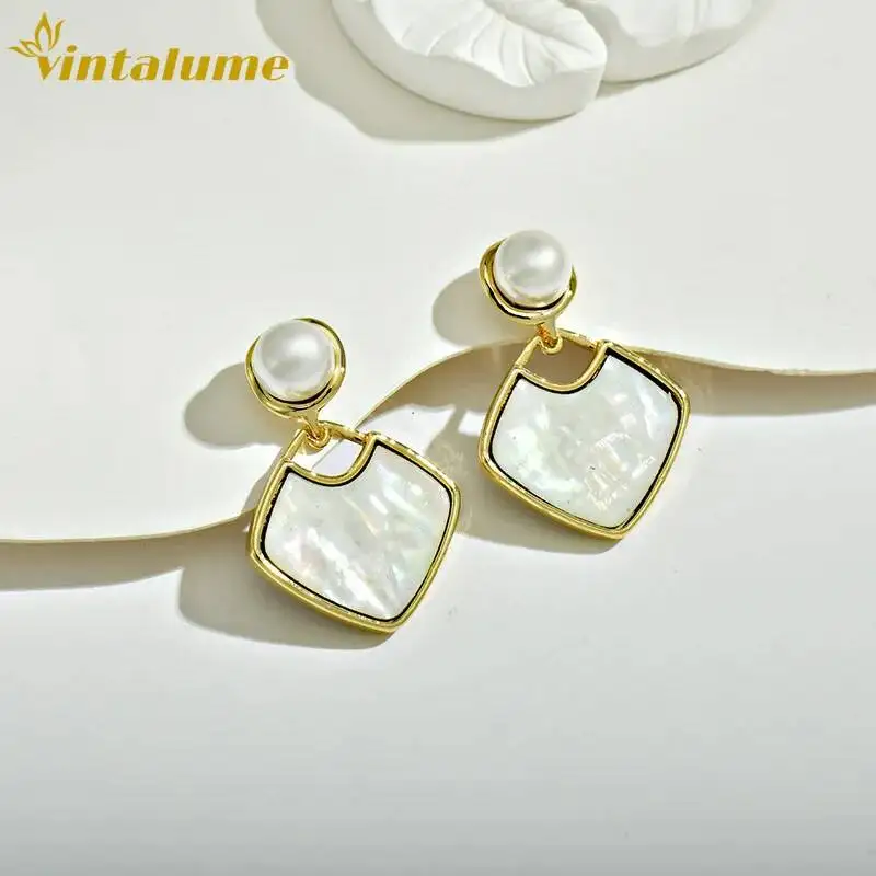 

Vintalume Pearl Bead Square Charm Dangle Drop Earrings For Women Fashion Jewelry Geometric Simple Small Stack Earring Party Gift