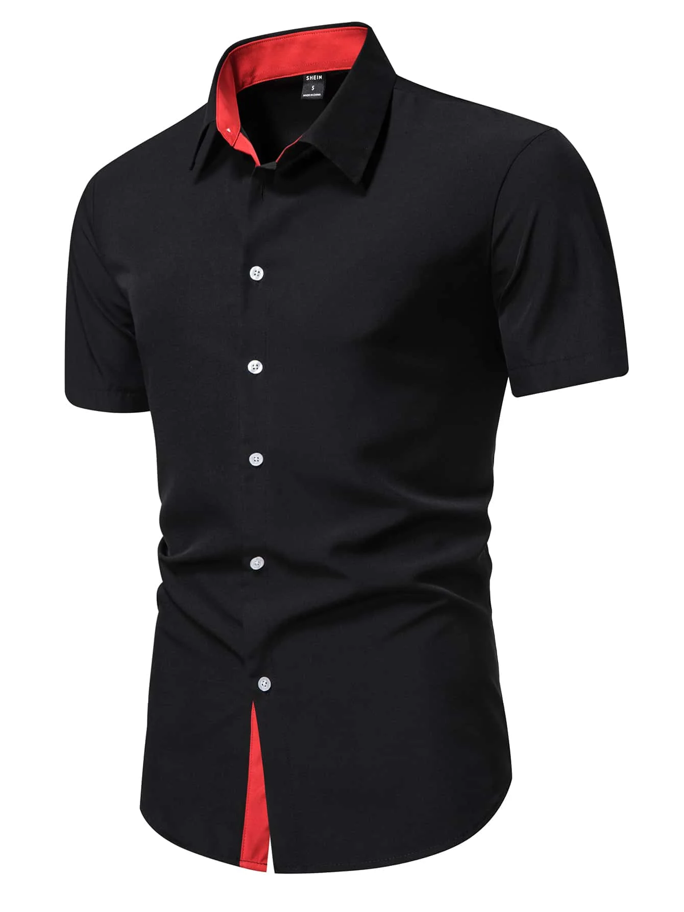 

Men's Black Short Sleeve Button-Up Shirt with Red Contrast Collar and Hem Split