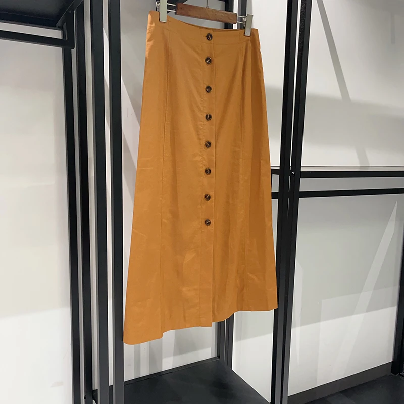 2026 Women's Mustard Linen Two-Piece Set | Square Neck Crop Cami Top & Button Front Midi Skirt