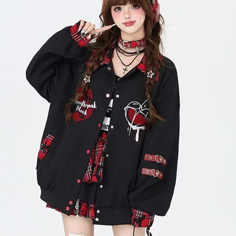 미국 서브컬쳐 패치워크 재킷 여성 싱글 브레스티드 체크 루즈 베이스볼 코트 고딕 캐주얼 스트리트 힙합 아우터웨어