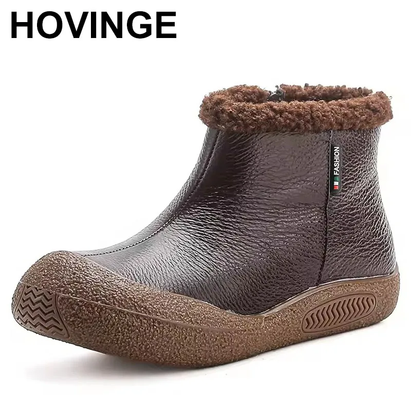 

Women Winter Warm Snow Boots Genuine Leather Fur Shoes Ladies Chunky Platform Double Zipper Retro Flat Short Boots