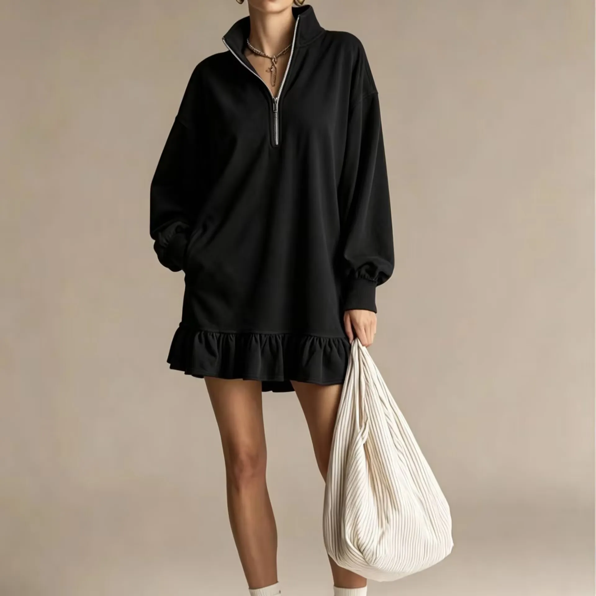 Lockeres Kurzkleid Lässige Einfache Mode Herbst Winter Streetstyle Puffärmel Langarm Stehkragen Reißverschluss A-Linien-Kleider