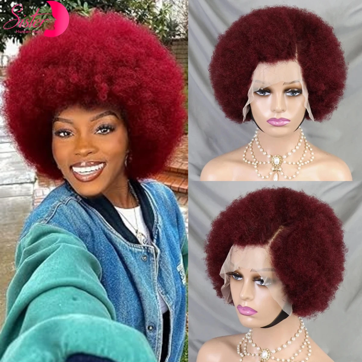 Short Burgundy 99J# Afro Kinky Curly Human Hair Wigs 250% Density 13x4 HD Lace Frontal Fluffy Curly Bob Wigs for Black Women