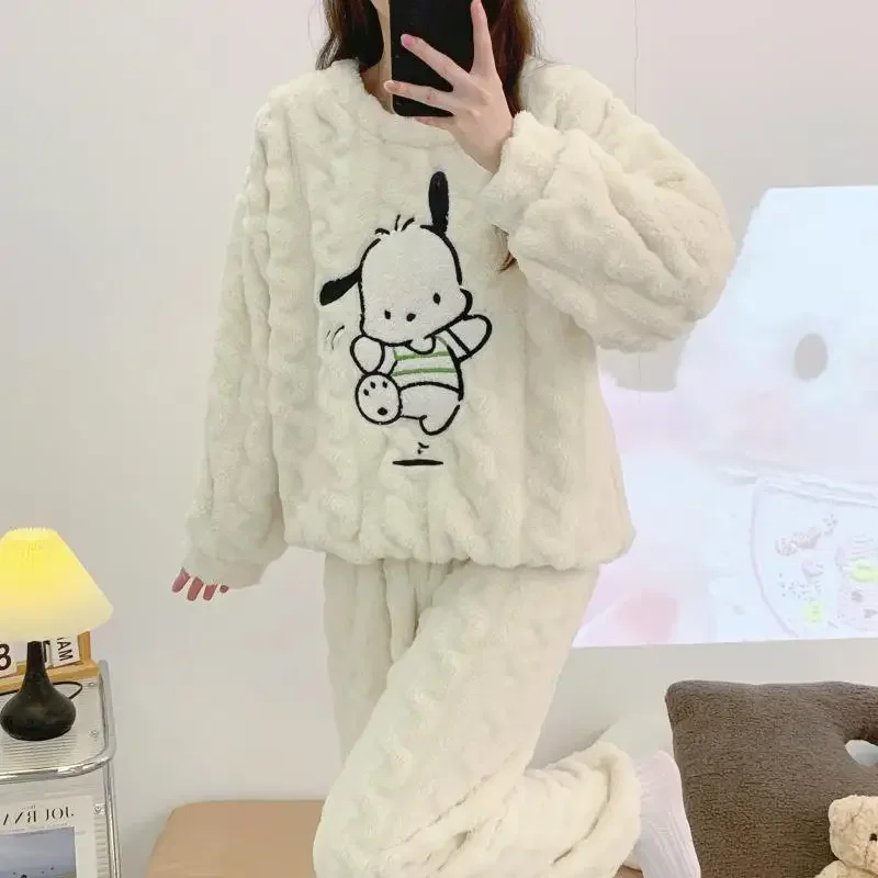 Kawaii Plush Pajama Set Sanrioed Anime Homewear Women Home Clothes Winter Cartoon Thicken Long Sleeves Pants Girls Warm