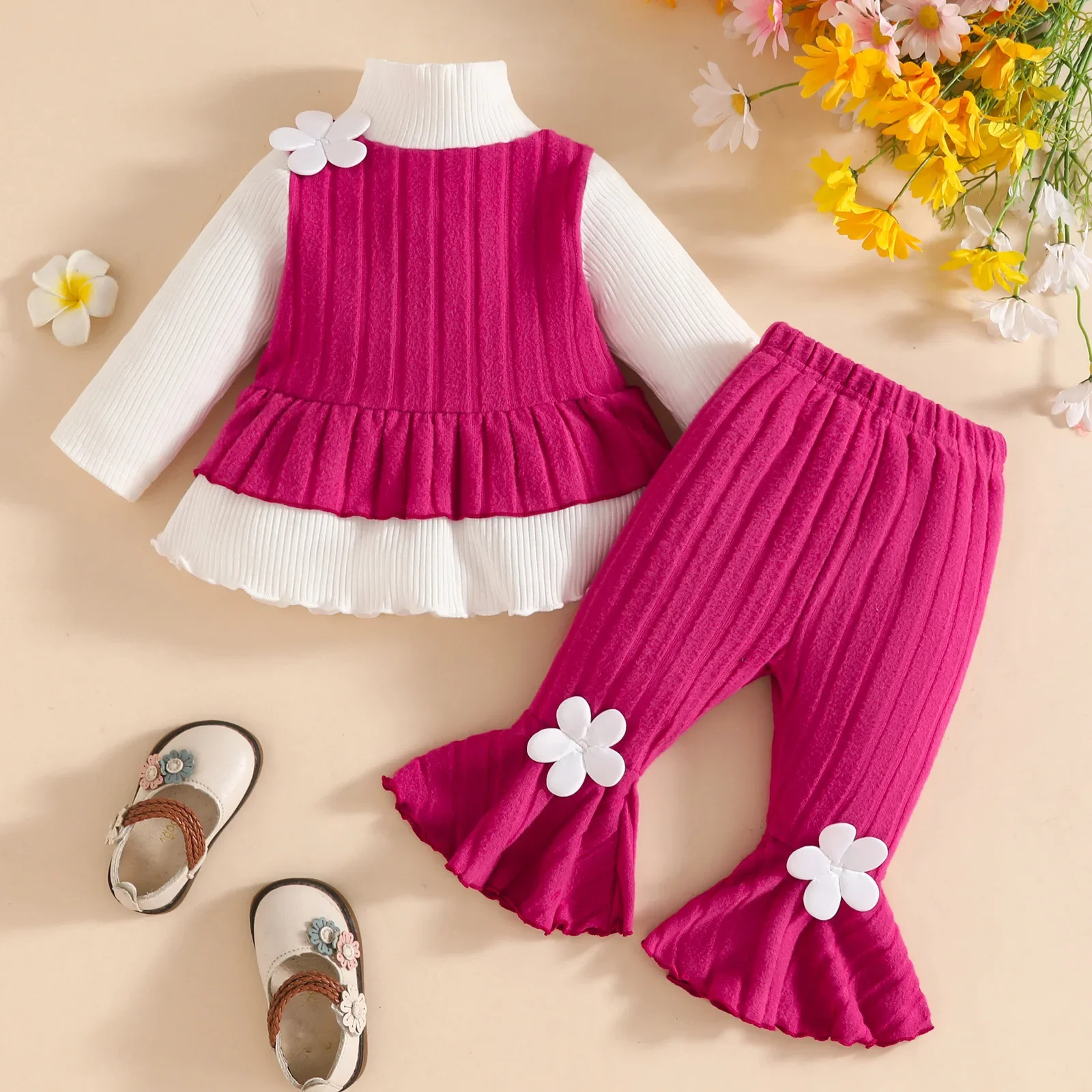 

Newborn Clothes Girl 3Pcs Sets Ribbed Turtleneck Flower Applique Top and Flared Pants 0-3Y Baby Girl Set Sweet Baby Outfit Set