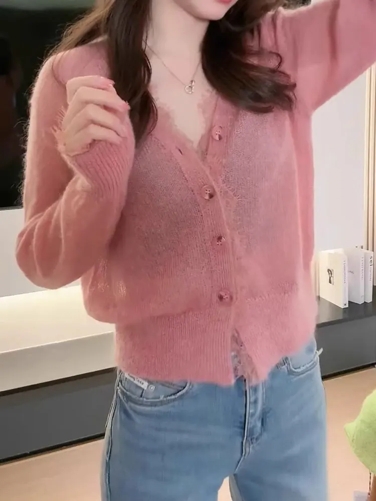 Sweet Sli V-Ne Cárdigan abierto de punto Ropa interior larga Sve Botón único Coreano Sle Top suelto de otoño para más jóvenes...