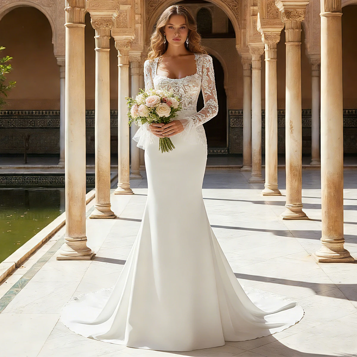 

Elegant Satin Mermaid Wedding Dress Long Sleeve Appliques Lace Bridal Party Gown For Bride Vestidos Novia