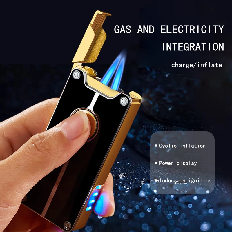 Double Jet Flame Fire Windproof Metal Personality Rechargeable Electronic Inflatable Gas Lighter For Boyfriend