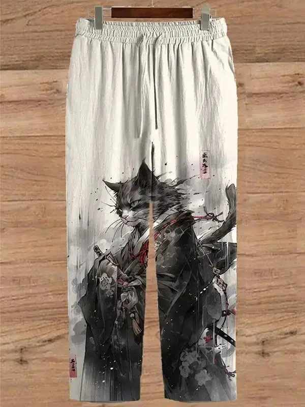 Unisex-Hose mit japanischem Samurai-Katzen-Print und weitem Bein, Harajuku Hipster Sommer-Streetwear-Jogginghose für Männer und Frauen – Detail 4