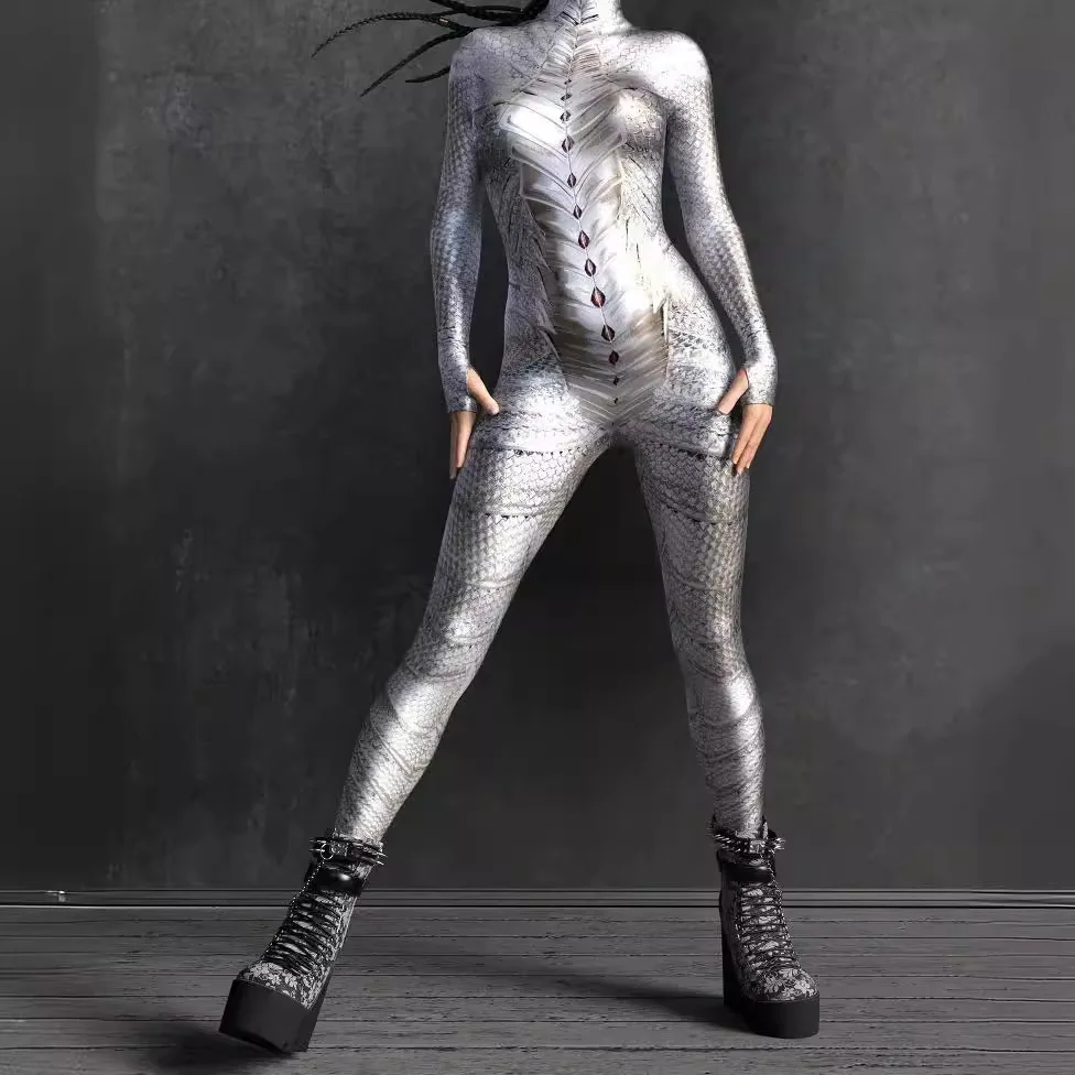

Women Silver Dragon Jumpsuit Printing Holiday Party Wear Onesie Cosplay Snake Costume Bodysuits Rompers 2026