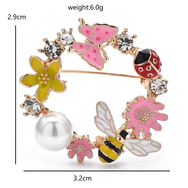 Wuli&baby Lovely Bee Flower Circle Brooches For Women Lady Enamel Pearl French Style Cute Round Party Office Brooch Pins Gifts