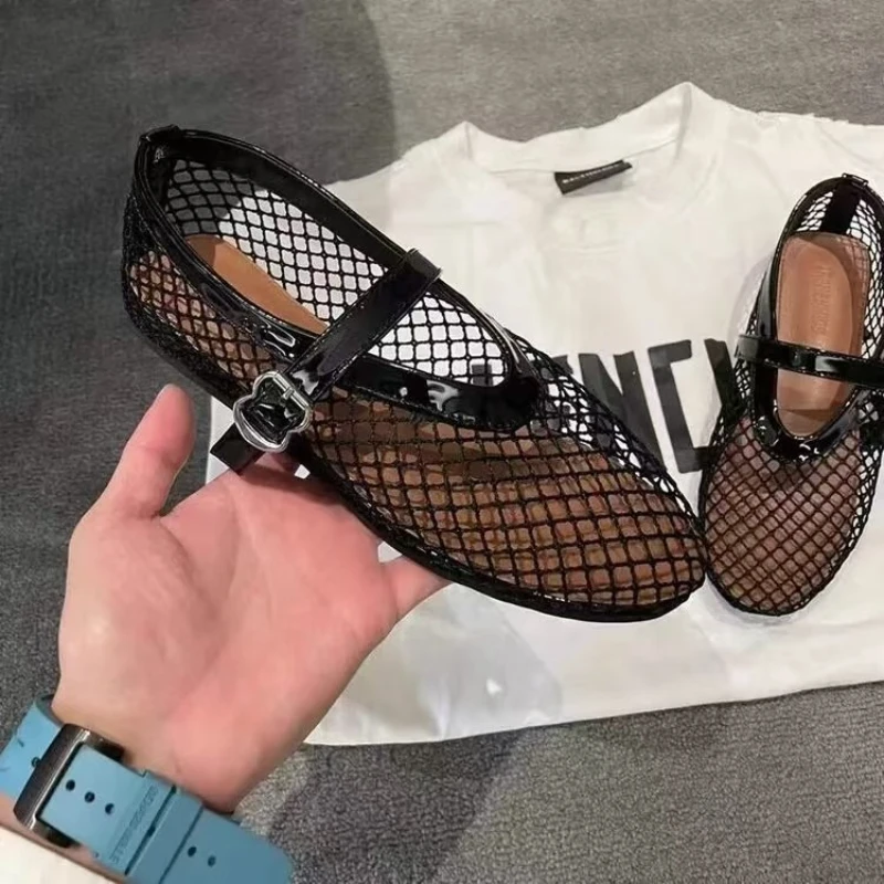 Zapatos de bailarina, zapatos de Ballet con punta redonda, sandalias de mujer, zapatos planos de bailarina de rejilla de malla transpirable, sandalias con correa y hebilla sin cordones