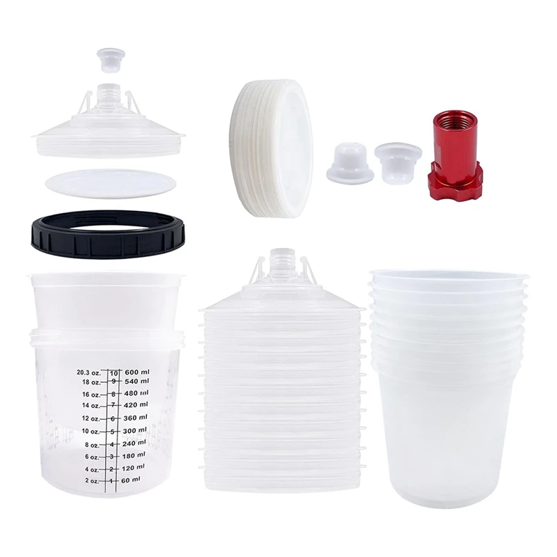 Paint Sprayer Mixing Cup Liner And Cap Kit System For HVLP Spray Guns, Automotive Paint Spraygun 20 Oz (600 Ml) Set Kit