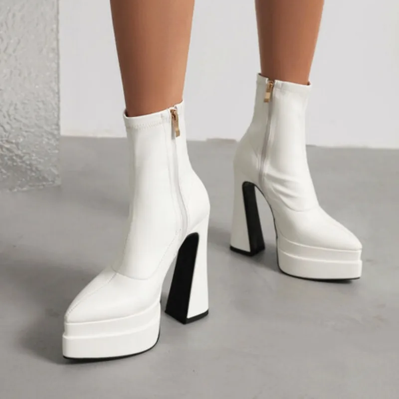 Autumn and Winter New Style Fashion High-heeled Women's Boots Solid PU Pointed Toe Zipper Platform Square Heel Women's Boots