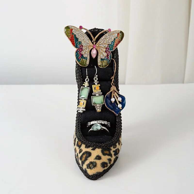 Room Decorations High Heel Leopard Print Jewelry Holder Ring Earring Display Stand Desktop Jewelry Organizer For Women Home Deco
