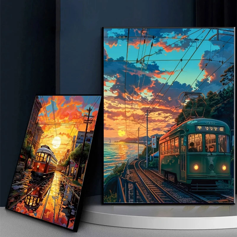 Tram Track Under The Setting Sun Poster and Print Landscape Art Canvas Painting Wall Art Picture for Living Room Home Decor Gift