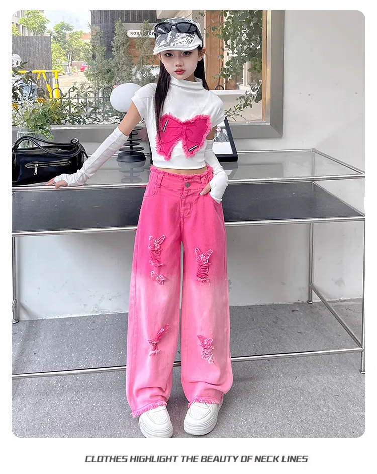 Teenager-Mädchen Hip-Hop-Streetwear-Kleidungsset mit abnehmbaren langen Ärmeln, Schmetterlings-T-Shirt, Farbverlauf- und zerrissenen Jeans, 2-teiliges Mode-Outfit – Detail 7