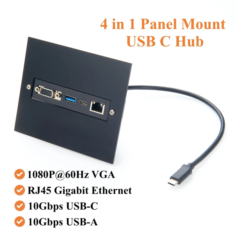 Screw Panel Mount USB C Hub, 4-in-1 Multiport Adapter with 1080P VGA, Gigabit Ethernet, 10Gbps USB-C & USB-A Data Ports