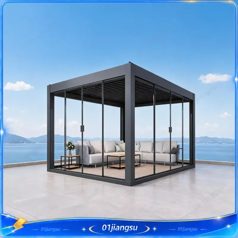 Motorized Louvered Aluminum Pergola Waterproof Bioclimatic Outdoor Gazebo with Glass Sliding Doors Modern Patio Garden Canopy
