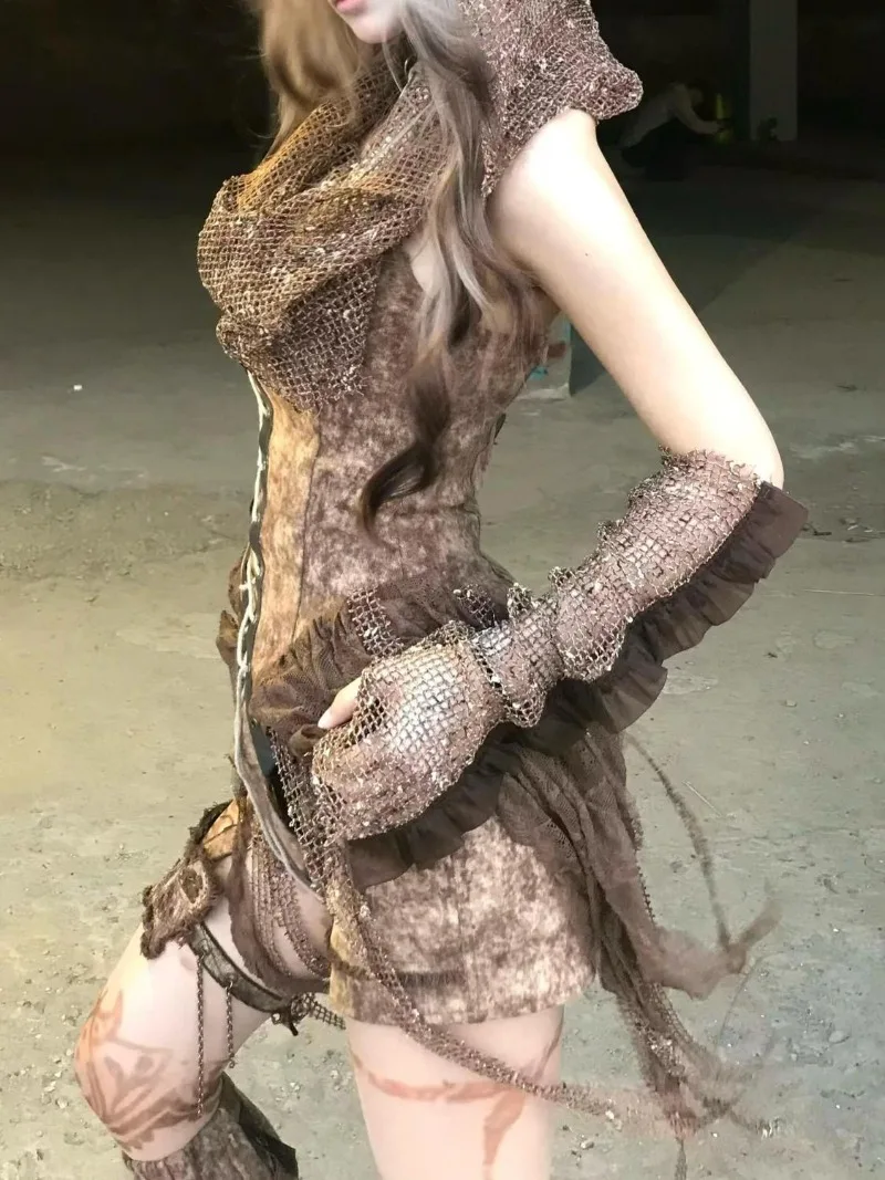 القوطية Harajuku Y2k فتاة حار ريترو خمر التعادل صبغ غير النظامية الدانتيل يصل حمالة + شورت + شال الحجاب مجموعة Y2k 3 قطعة مجموعات