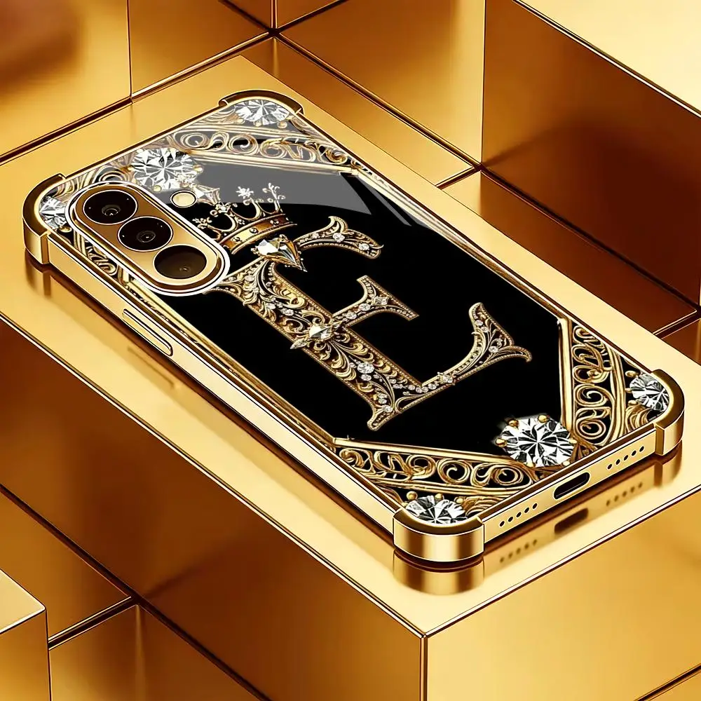 Crown letter E electroplated glass phone case suitable for Samsung Galaxy S26 S25 S24 S22 S21 S20 FE/Ultra/Plus anti drop
