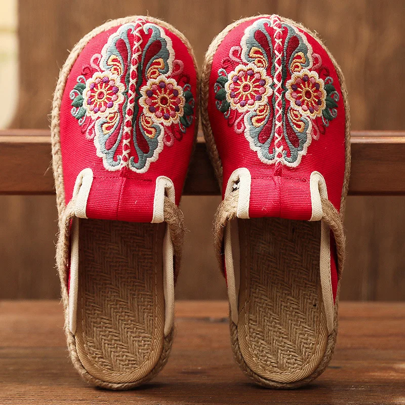 Shoes Women Slippers Casual Soft Luxury Lace-Up Sewing Slip-On Patchwork Round Toe PU Leisure Ethnic TPR Embroider Floral Canva