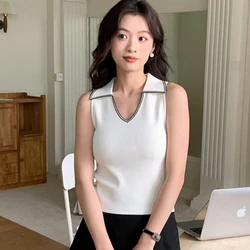 Viscose Lapel Collar V-neck Tank Top Women's Spring/Summer Breathable Top Chic Korean Fashion 2024 New In Girl Clothing