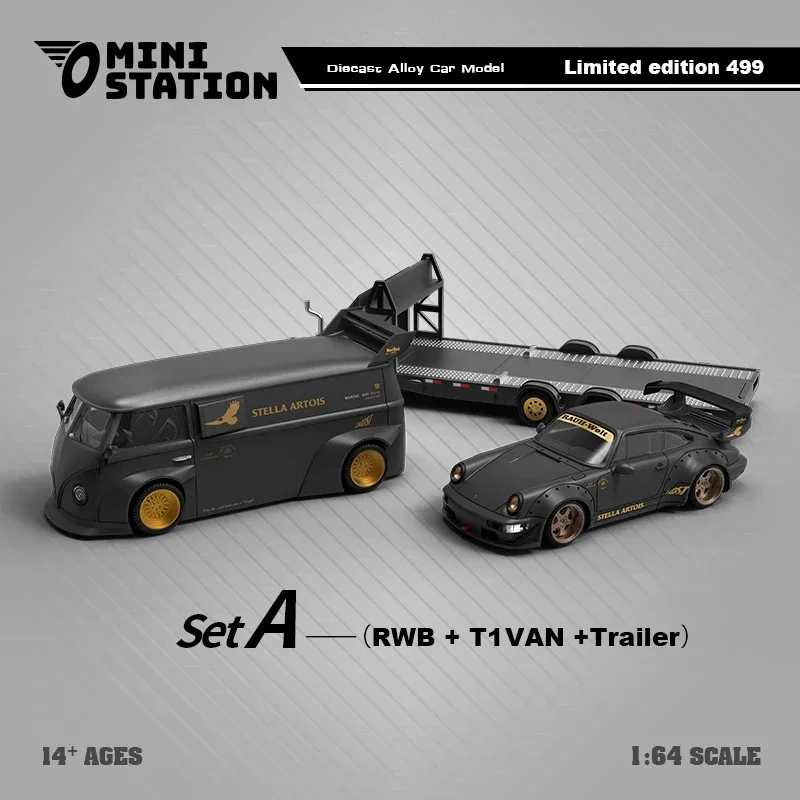 

(Pre-order) Mini Station 1:64 RWB & T1 Van Stella Artois Matte Black w/Trailer Set A limited499 Diecast Model Car