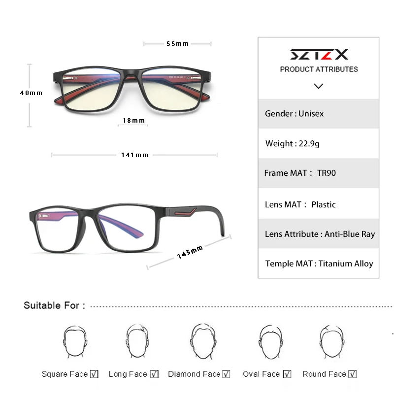 SZTZX Classic Photochromic Anti-Blue Light Reading Glasses TR90 Square Optical Glasses Myopia Hyperopia Prescription Eyeglasses